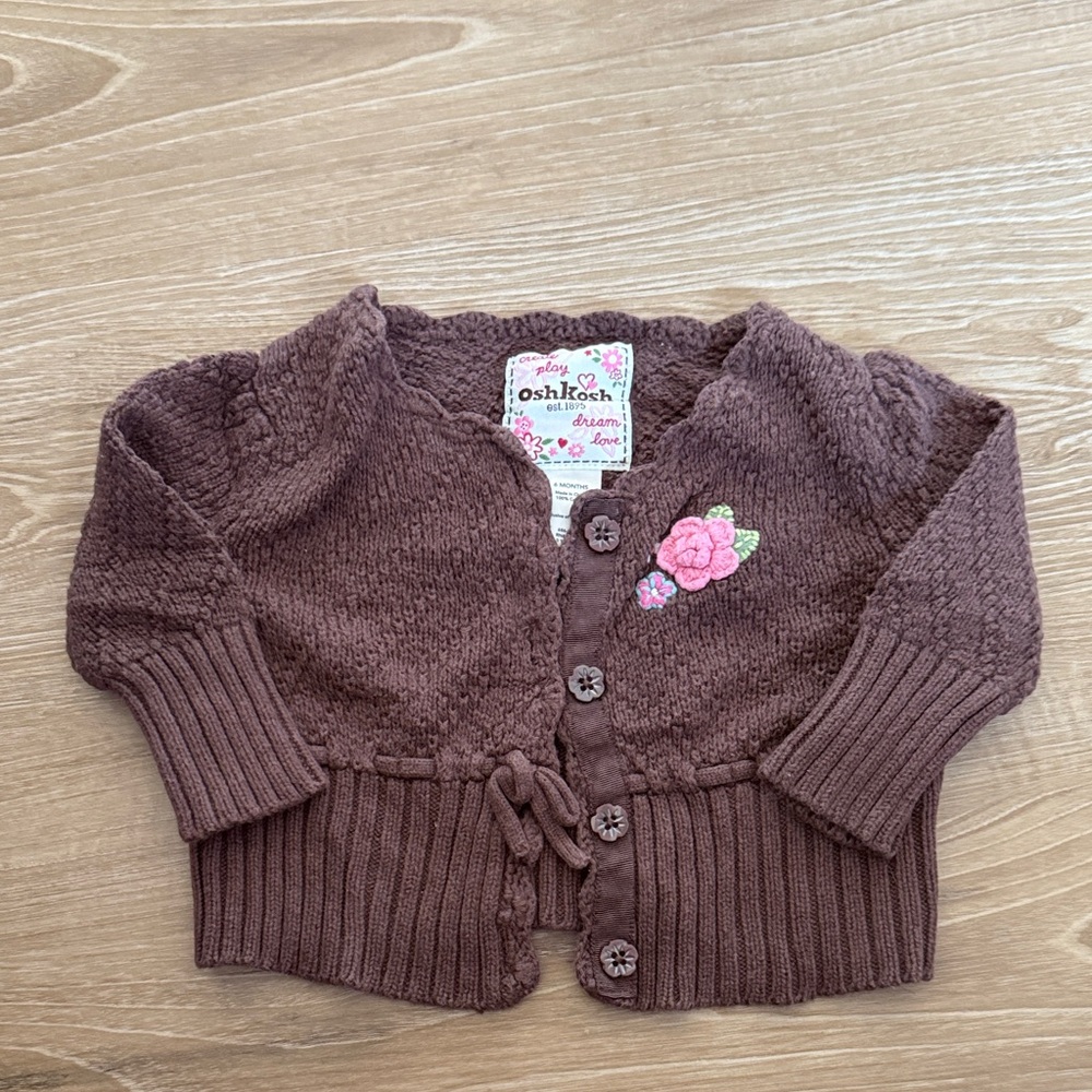 Vintage OshKosh B'gosh Brown Cardigan with Pink Floral Accent